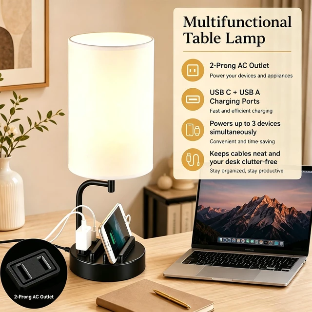 Alt view image 3 of 7 - Touch Control USB Table Lamp with USB C/A & AC Outlet, 3-Way Dimmable Bedside Lamp, Modern Nightstand Lamps for Bedroom Living Room Guest Room Office, Bulb Included, Black