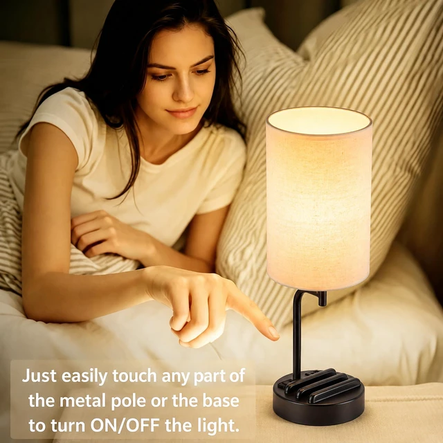 Alt view image 4 of 7 - Touch Control USB Table Lamp with USB C/A & AC Outlet, 3-Way Dimmable Bedside Lamp, Modern Nightstand Lamps for Bedroom Living Room Guest Room Office, Bulb Included, Black