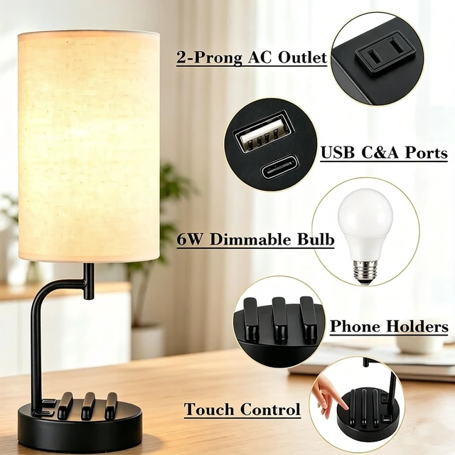 Alt view image 6 of 7 - Touch Control USB Table Lamp with USB C/A & AC Outlet, 3-Way Dimmable Bedside Lamp, Modern Nightstand Lamps for Bedroom Living Room Guest Room Office, Bulb Included, Black