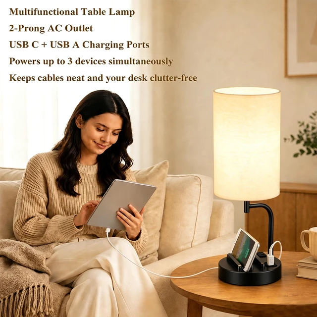 Alt view image 7 of 7 - Touch Control USB Table Lamp with USB C/A & AC Outlet, 3-Way Dimmable Bedside Lamp, Modern Nightstand Lamps for Bedroom Living Room Guest Room Office, Bulb Included, Black