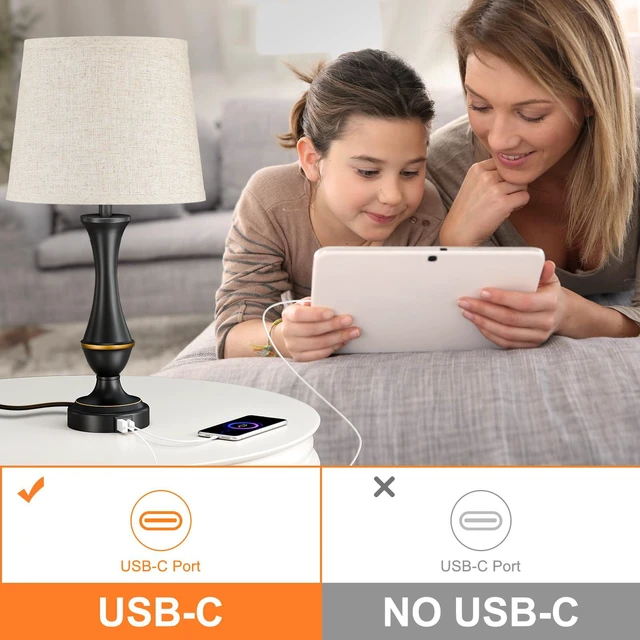 Alt view image 7 of 7 - Touch Lamps for Nightstand, 3 Way Dimmable Lamps for Bedroom with USB C+A | Touch Control, USB C+A Charging Ports, Table Lamps for Living Room, Night Stands, Bedside, Bedroom, Bulb Included, Black
