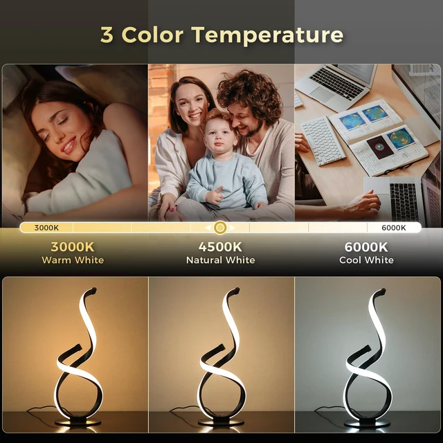 Alt view image 4 of 7 - . 2 Pack Modern Table Lamps for Nightstand, LED Spiral Touch Light | 16" Dimmable 3 Color Temperature Night stand Desk Lamp, Unique Bedside Light for Living Room, Bedroom, Ideal Gift, Black