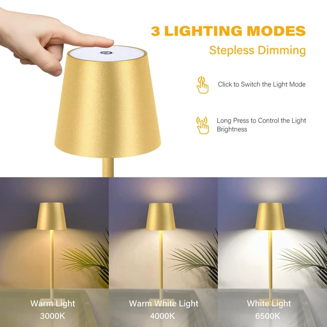 Alt view image 3 of 6 - 2 Pack Cordless Table Lamps, 3 Colors Stepless Dimming, 5000mAh Rechargeable Battery LED Desk Lamp for Bedroom/Couple Dinner/Desk/Cafe/Dining Room/Terrace