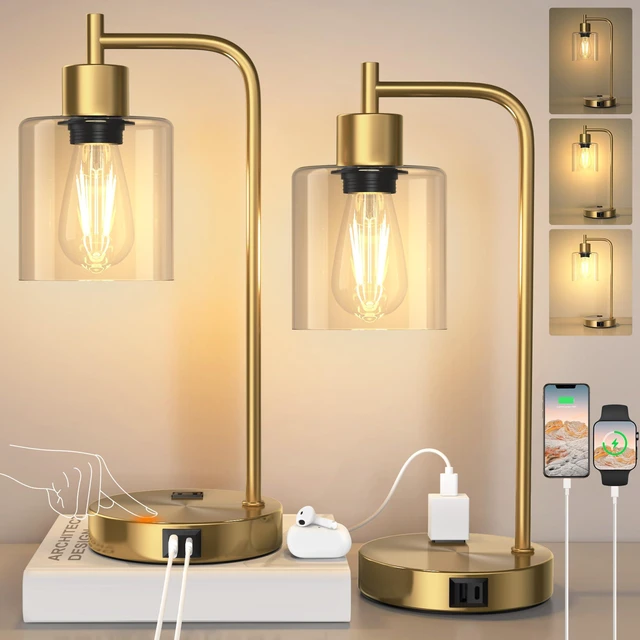 Main image of Set of 2 Industrial Table Lamps, Glass Desk Lamp for Living Room | USB A+C Charging Ports, Touch Control Metal Beside Lamp, Two 2700K LED Bulbs, 3 Way Dimmable