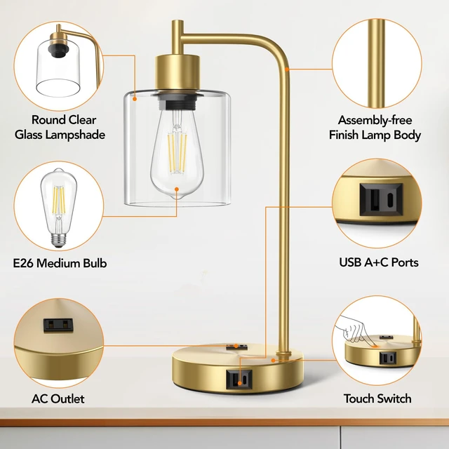 Alt view image 5 of 7 - Set of 2 Industrial Table Lamps, Glass Desk Lamp for Living Room | USB A+C Charging Ports, Touch Control Metal Beside Lamp, Two 2700K LED Bulbs, 3 Way Dimmable