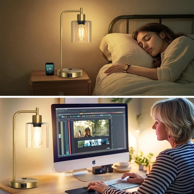 Alt view image 7 of 7 - Set of 2 Industrial Table Lamps, Glass Desk Lamp for Living Room | USB A+C Charging Ports, Touch Control Metal Beside Lamp, Two 2700K LED Bulbs, 3 Way Dimmable