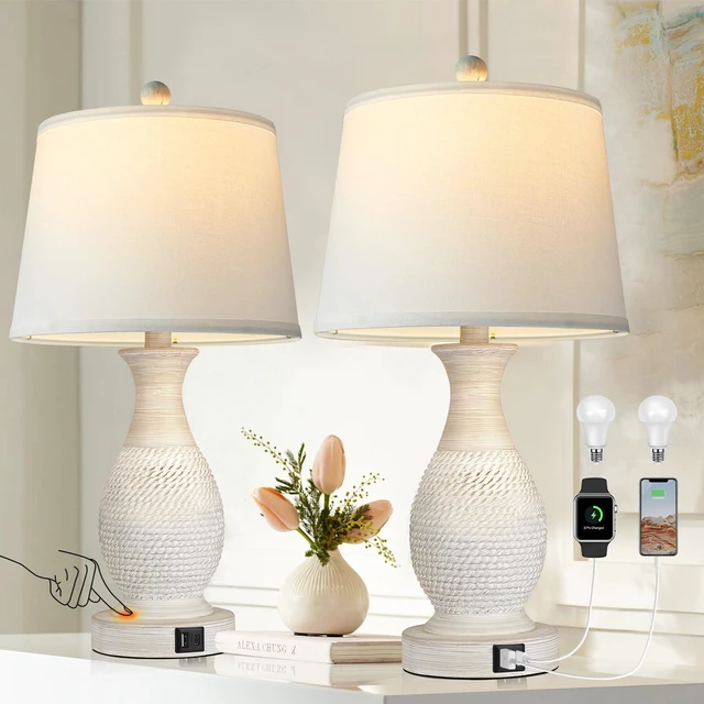 Main image of Table Lamps Set of 2, Bedside Touch Lamp with USB C+A Charging Ports, Side Table Lamp with White Fabric Shade (LED Bulbs Included)
