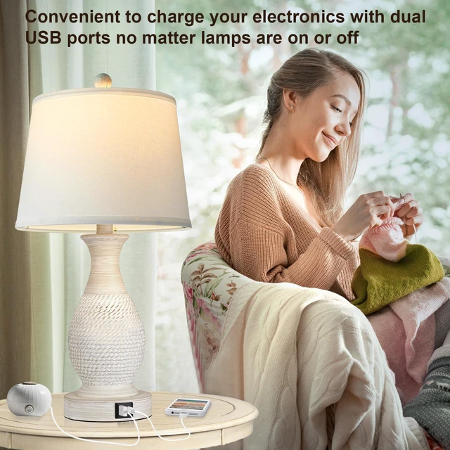 Alt view image 5 of 7 - Table Lamps Set of 2, Bedside Touch Lamp with USB C+A Charging Ports, Side Table Lamp with White Fabric Shade (LED Bulbs Included)
