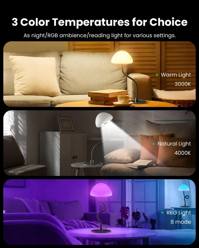 Alt view image 2 of 7 - RGB Table Lamp with 3 Color Temperatures, Stepless Dimmable Bedside Lamp 5%-100%, Flexible Gooseneck LED Nightstand Light, 4 Power Supply Options for Bedroom Living Room Office Gift