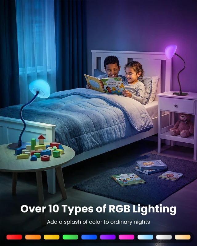 Alt view image 4 of 7 - RGB Table Lamp with 3 Color Temperatures, Stepless Dimmable Bedside Lamp 5%-100%, Flexible Gooseneck LED Nightstand Light, 4 Power Supply Options for Bedroom Living Room Office Gift