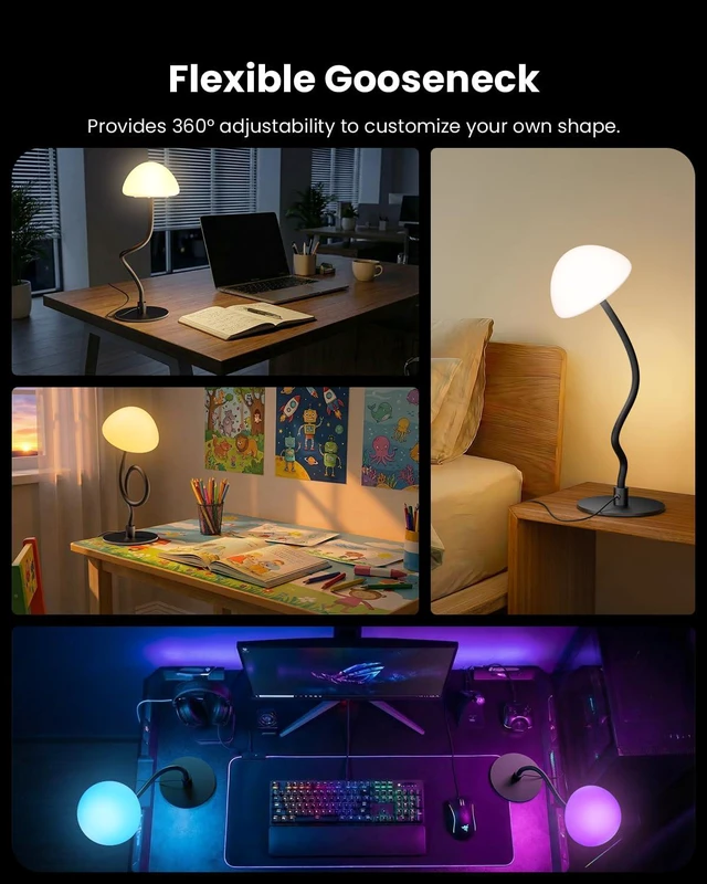 Alt view image 5 of 7 - RGB Table Lamp with 3 Color Temperatures, Stepless Dimmable Bedside Lamp 5%-100%, Flexible Gooseneck LED Nightstand Light, 4 Power Supply Options for Bedroom Living Room Office Gift
