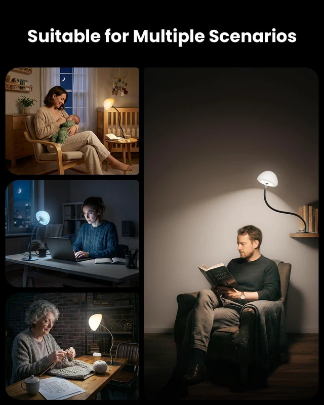 Alt view image 6 of 7 - RGB Table Lamp with 3 Color Temperatures, Stepless Dimmable Bedside Lamp 5%-100%, Flexible Gooseneck LED Nightstand Light, 4 Power Supply Options for Bedroom Living Room Office Gift