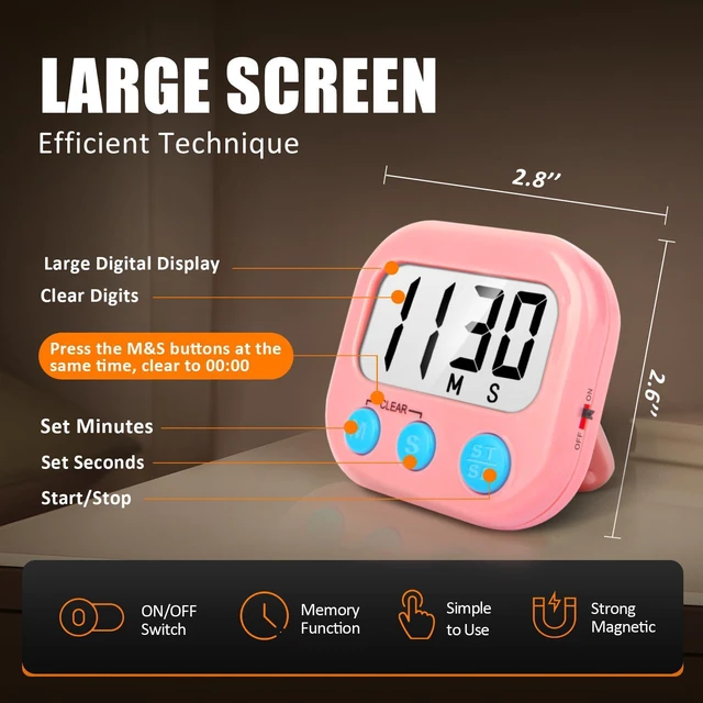 Alt view image 3 of 7 - Digital Kitchen Timers for Cooking, Timer for Kids 2 Pack Pink | Big Digits, Loud Alarm, Strong Magnetic, Large Screen, Count Down/Up, Classroom Timers for Teacher Supplies