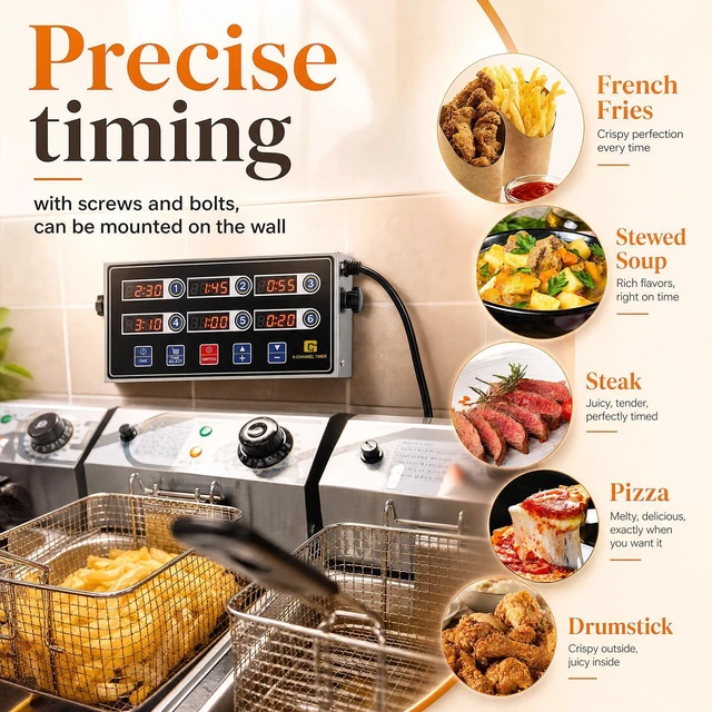 Alt view image 2 of 6 - 2 Pack Commercial Digital Kitchen Timer for Cooking, 6 Channel | Loud Alarm, Large LCD Display, Multi-timer for Small Burger Shops, Chicken Fry Stores & Independent Baking Studios Supplies