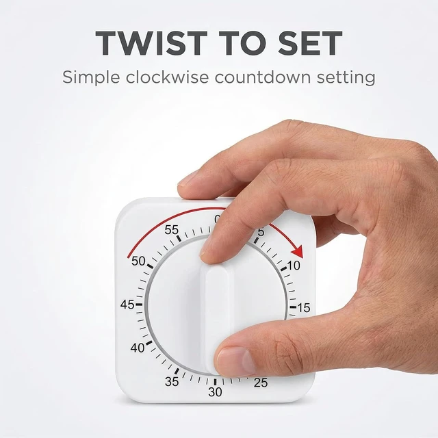 Alt view image 2 of 6 - White Timer Clock Square 60-Minute Mechanical Kitchen Timer Wind up Visual Cooking Clock with Loud Alarm No Batteries Required Ideal for Cooking Baking and Kitchen