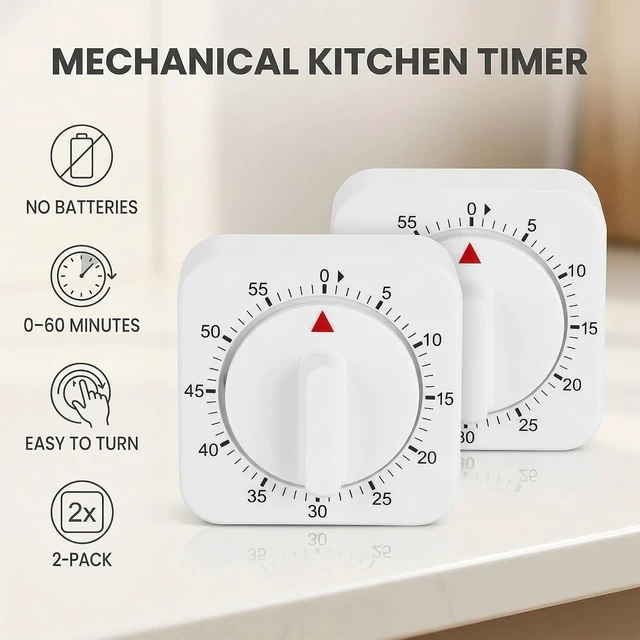 Alt view image 4 of 6 - White Timer Clock Square 60-Minute Mechanical Kitchen Timer Wind up Visual Cooking Clock with Loud Alarm No Batteries Required Ideal for Cooking Baking and Kitchen