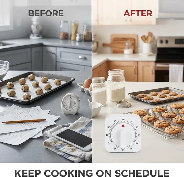 Alt view image 6 of 6 - White Timer Clock Square 60-Minute Mechanical Kitchen Timer Wind up Visual Cooking Clock with Loud Alarm No Batteries Required Ideal for Cooking Baking and Kitchen