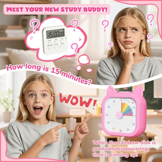 Alt view image 6 of 7 - Cat Visual Timer for Kids, 60 Min Countdown, 3 Sound Modes | Cute Pomodoro rainbow timer disk timer for classroom, home study, kids desk, office desk, meetings, time management tool