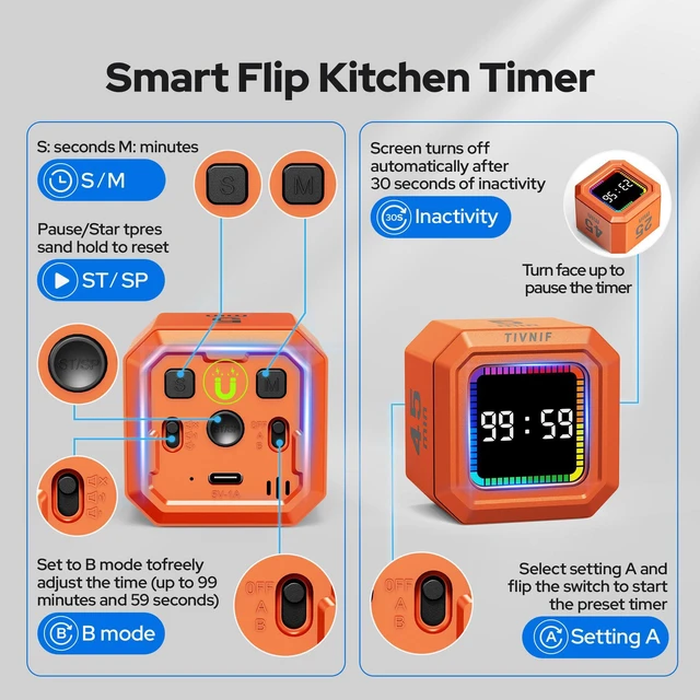 Alt view image 6 of 7 - Kitchen Timer Visual Timer for Kids Color Display Gravity Sensor Cube | Digital Pomodoro Timer with Loud Alarm, Magnetic Back, Easy Use for Cooking, Classroom, Study & Productivity