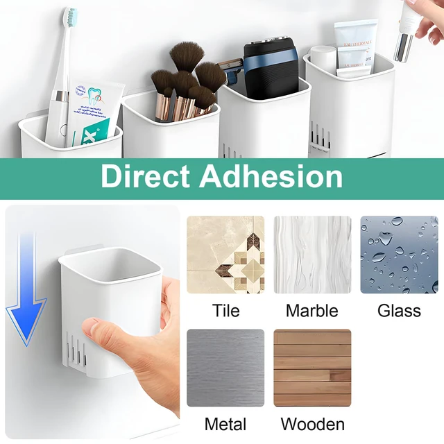 Alt view image 4 of 6 - 2 Pcs Toothbrush Holder Wall Mounted, No Drilling Toothbrush Holders for Bathroom, Shower Electric Toothbrush and Toothpaste Razor Holder Removable Self Draining for Bathroom Kitchen (White)