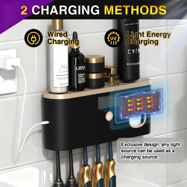 Alt view image 3 of 7 - Toothbrush Holders for Bathrooms, Toothbrush Holder Wall Mounted with Toothpaste Dispenser, Rechargeable Cordless Wall Mounted Tooth Brushing Holder