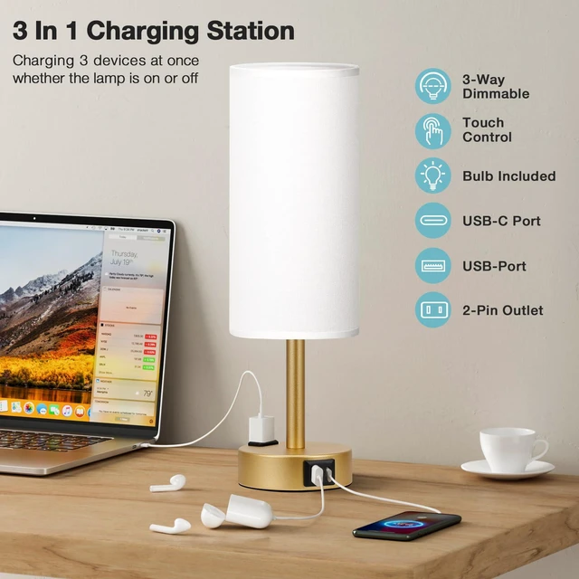 Alt view image 3 of 5 - Gold Bedside Lamp for Bedroom, Dimmable Touch, USB A+C, AC Outlet | 3-Way Dimmable, LED Bulb Included, USB C+A Charging Ports, White Fabric Lampshade, Metal Base, 14in Small Table Lamp