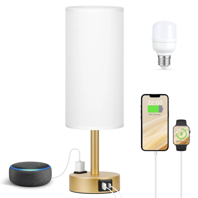 Alt view image 5 of 5 - Gold Bedside Lamp for Bedroom, Dimmable Touch, USB A+C, AC Outlet | 3-Way Dimmable, LED Bulb Included, USB C+A Charging Ports, White Fabric Lampshade, Metal Base, 14in Small Table Lamp