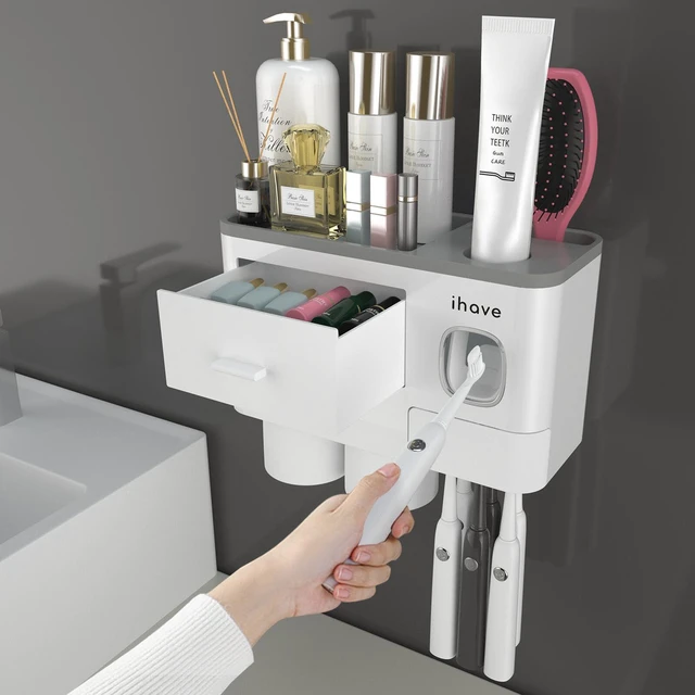 Main image of Toothbrush Holders Wall Mounted with Toothpaste Dispenser & 2 Cups | All-in-One Bathroom Organizer: 2 Cups, 6 Slots, Toothpaste Dispenser, Large Tray & Drawer. Wall Mount, No Drilling Required