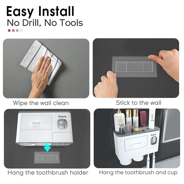 Alt view image 3 of 7 - Toothbrush Holders Wall Mounted with Toothpaste Dispenser & 2 Cups | All-in-One Bathroom Organizer: 2 Cups, 6 Slots, Toothpaste Dispenser, Large Tray & Drawer. Wall Mount, No Drilling Required