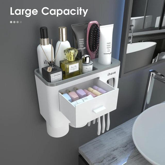 Alt view image 2 of 7 - Toothbrush Holders Wall Mounted with Toothpaste Dispenser & 2 Cups | All-in-One Bathroom Organizer: 2 Cups, 6 Slots, Toothpaste Dispenser, Large Tray & Drawer. Wall Mount, No Drilling Required