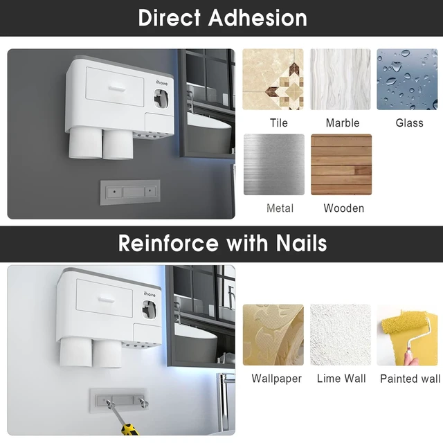 Alt view image 4 of 7 - Toothbrush Holders Wall Mounted with Toothpaste Dispenser & 2 Cups | All-in-One Bathroom Organizer: 2 Cups, 6 Slots, Toothpaste Dispenser, Large Tray & Drawer. Wall Mount, No Drilling Required