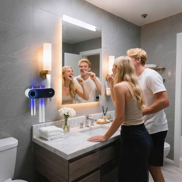Alt view image 6 of 7 - UV Toothbrush Sanitizer Holder Wall Mount Toothpaste Dispenser, 2-Cup | Auto-Cycle Disinfection Toothbrush Holders for Bathrooms with UV Toothbrush Sanitizer & Toothpaste Dispenser, Breathing Light