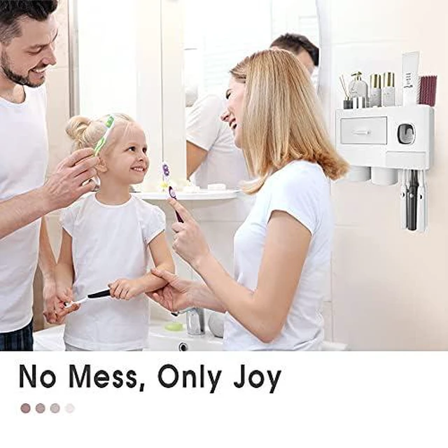 Alt view image 6 of 7 - Toothbrush Holders Wall Mounted with Toothpaste Dispenser & 2 Cups | All-in-One Bathroom Organizer: 2 Cups, 6 Slots, Toothpaste Dispenser, Large Tray & Drawer. Wall Mount, No Drilling Required