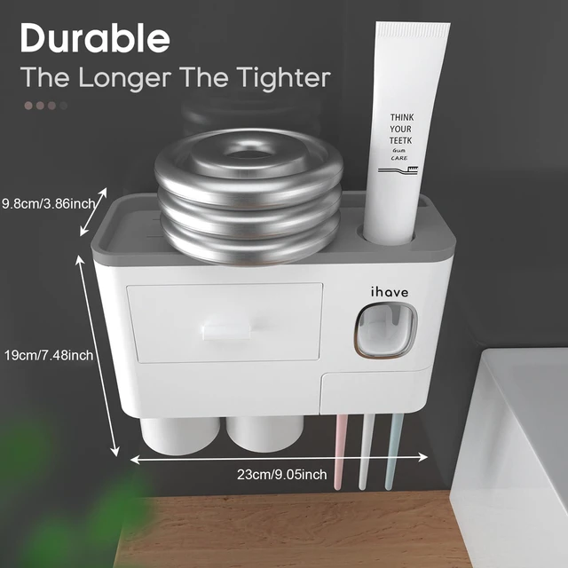 Alt view image 5 of 7 - Toothbrush Holders Wall Mounted with Toothpaste Dispenser & 2 Cups | All-in-One Bathroom Organizer: 2 Cups, 6 Slots, Toothpaste Dispenser, Large Tray & Drawer. Wall Mount, No Drilling Required