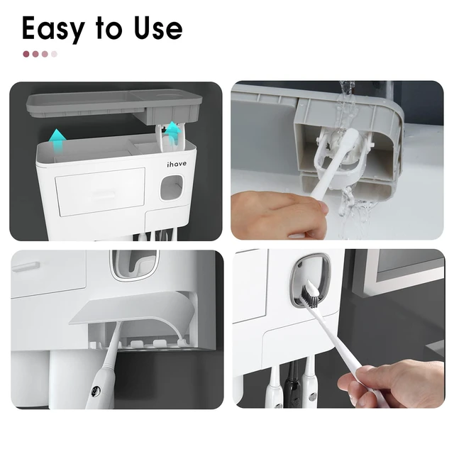 Alt view image 7 of 7 - Toothbrush Holders Wall Mounted with Toothpaste Dispenser & 2 Cups | All-in-One Bathroom Organizer: 2 Cups, 6 Slots, Toothpaste Dispenser, Large Tray & Drawer. Wall Mount, No Drilling Required