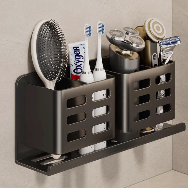 Main image of Aluminum Toothbrush Holder Wall-MountedBathroom Rack4 SlotBlack | Bracket Shower Toothbrush Razor Holder Suitable for Toothbrush, Toothpaste, Razor and Comb etc Bathroom Storage
