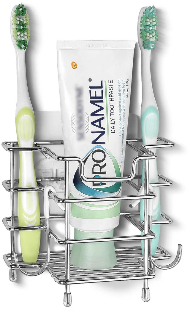 Main image of Self-Adhesive Toothbrush Holder, 3-Slot Stainless Steel Stand | Adhesive Hanger For Smooth Surfaces, Wall-Mount Or Countertop Use, Ventilated Design, Includes Double-Hook Sticker