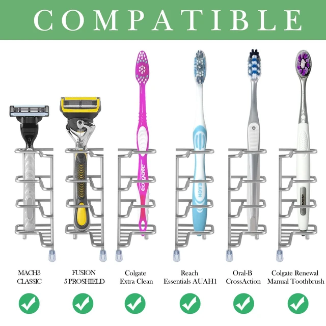 Alt view image 2 of 6 - Self-Adhesive Toothbrush Holder, 3-Slot Stainless Steel Stand | Adhesive Hanger For Smooth Surfaces, Wall-Mount Or Countertop Use, Ventilated Design, Includes Double-Hook Sticker