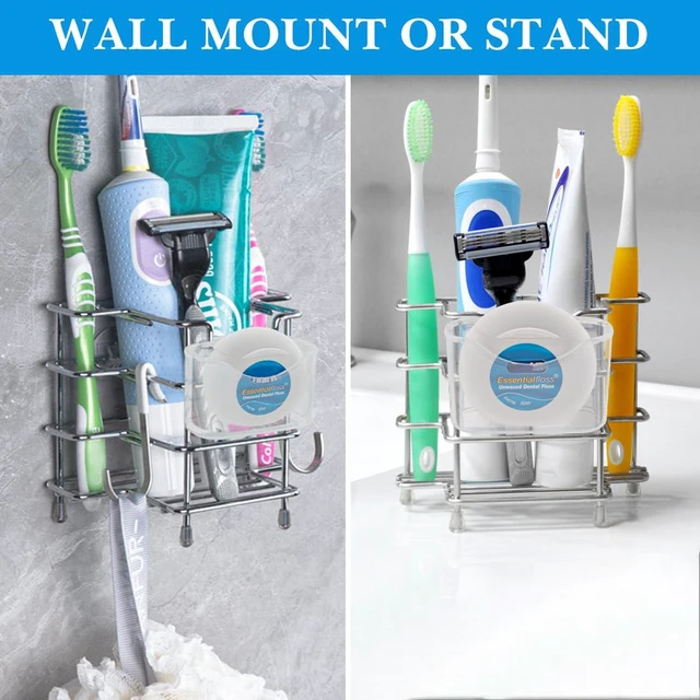 Alt view image 6 of 6 - Self-Adhesive Toothbrush Holder, 3-Slot Stainless Steel Stand | Adhesive Hanger For Smooth Surfaces, Wall-Mount Or Countertop Use, Ventilated Design, Includes Double-Hook Sticker