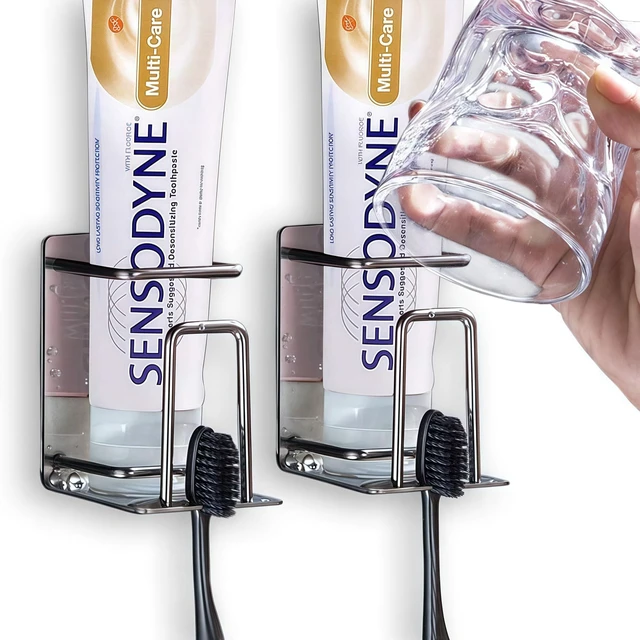 Main image of 2 Pack Toothbrush Holder 304 Stainless Steel Adhesive Wall Mounted 3 in 1 with Toothbrush Holder Toothpaste Holder and Cup Holder for Bathroom Shower
