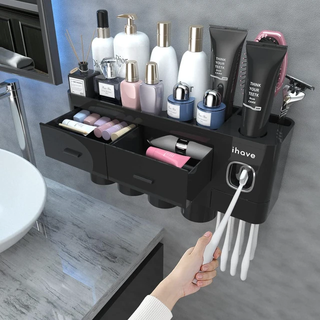 Main image of Toothbrush Holders Wall Mounted with Toothpaste Dispenser & 4 Cups | All-in-One Bathroom Organizer: 4 Cups, 7 Slots, Toothpaste Dispenser, Large Tray & Drawer. Wall Mount, No Drilling Required