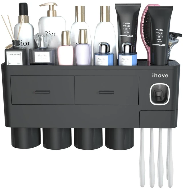 Alt view image 3 of 3 - Toothbrush Holders Wall Mounted with Toothpaste Dispenser & 4 Cups | All-in-One Bathroom Organizer: 4 Cups, 7 Slots, Toothpaste Dispenser, Large Tray & Drawer. Wall Mount, No Drilling Required