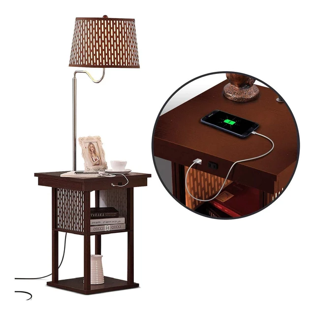 Alt view image 2 of 7 - Madison Side Table with Lamp Combo with LED Bulb, Desk Lamp with USB Port, Bedside Reading Light, Modern End Table with Floor Lamp for Bedroom, Living Room, Office - Havana Brown
