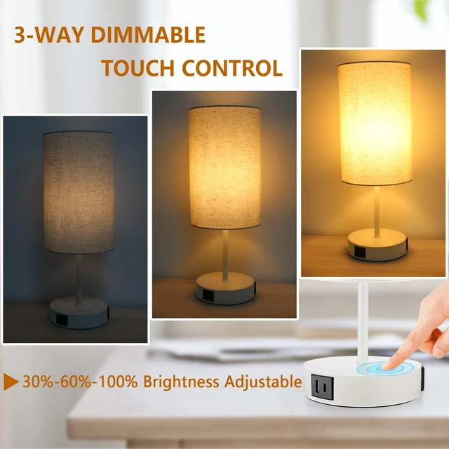 Alt view image 2 of 7 - 17.75" Touch 3-Way Dimmable Bedside Table Lamp with Charging Station | Touch control, 3-way dimming, USB-A USB-C & AC outlet, modern white linen shade for bedroom nightstand or office desk decor