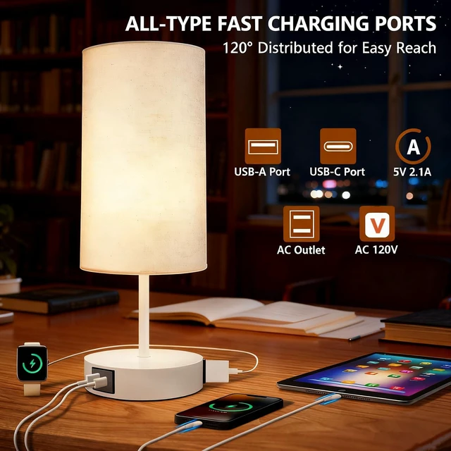 Alt view image 3 of 7 - 17.75" Touch 3-Way Dimmable Bedside Table Lamp with Charging Station | Touch control, 3-way dimming, USB-A USB-C & AC outlet, modern white linen shade for bedroom nightstand or office desk decor