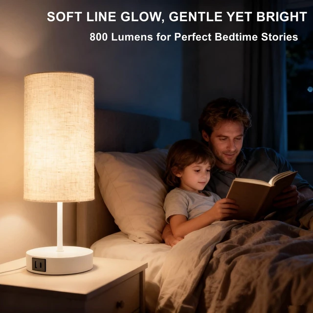 Alt view image 6 of 7 - 17.75" Touch 3-Way Dimmable Bedside Table Lamp with Charging Station | Touch control, 3-way dimming, USB-A USB-C & AC outlet, modern white linen shade for bedroom nightstand or office desk decor