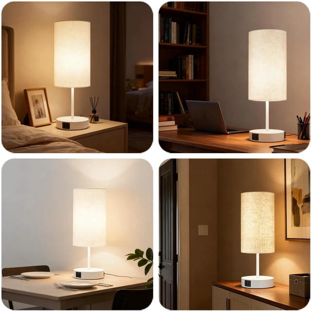 Alt view image 7 of 7 - 17.75" Touch 3-Way Dimmable Bedside Table Lamp with Charging Station | Touch control, 3-way dimming, USB-A USB-C & AC outlet, modern white linen shade for bedroom nightstand or office desk decor