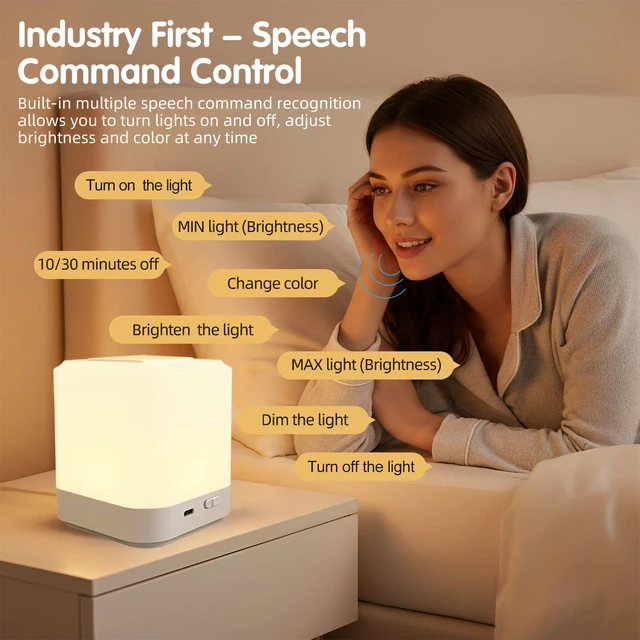 Alt view image 3 of 7 - Bedside Touch Lamp for Nightstand, Speech Control Smart Night Light, Touch Control Bedrooms Rechargeable Night Light,Eye Caring Battery Dimmable Night Lamp for Nursery Kids & Adult