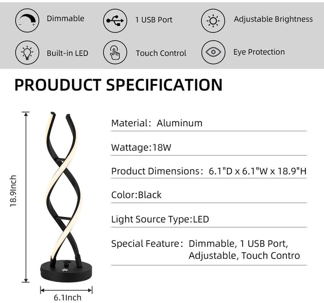 Alt view image 2 of 7 - LED Modern Table Lamp, Stepless Dimmable Spiral Table Lamps for Bedroom, 3 Colors Touch Control Bedside Nightstand Lamp with 1 USB Charging Ports, Desk Lamps for Living Room Office (Black)