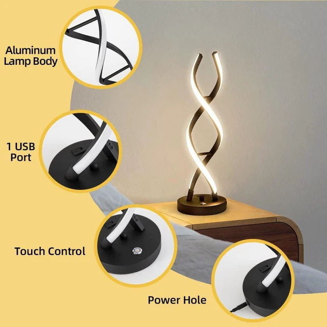 Alt view image 3 of 7 - LED Modern Table Lamp, Stepless Dimmable Spiral Table Lamps for Bedroom, 3 Colors Touch Control Bedside Nightstand Lamp with 1 USB Charging Ports, Desk Lamps for Living Room Office (Black)